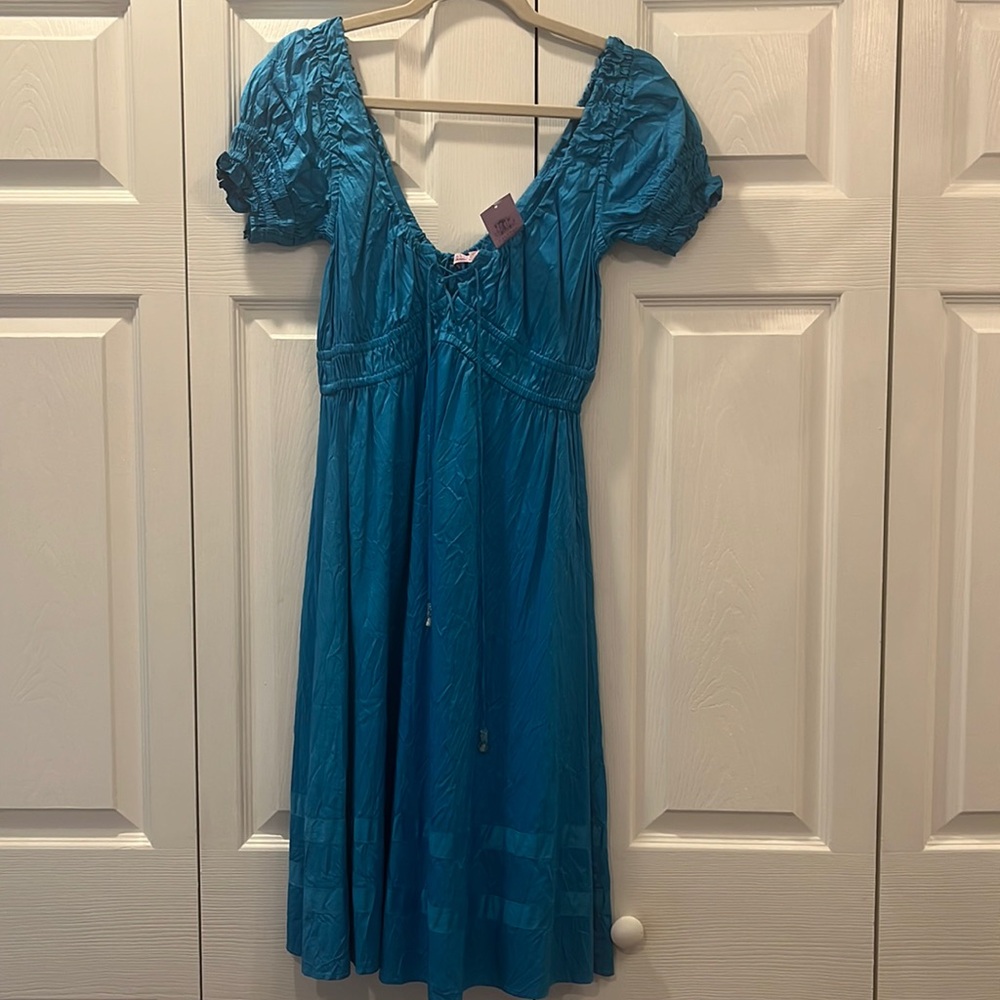 Calypso Christiane Gelle turquoise short sleeve dress. Tags attached.